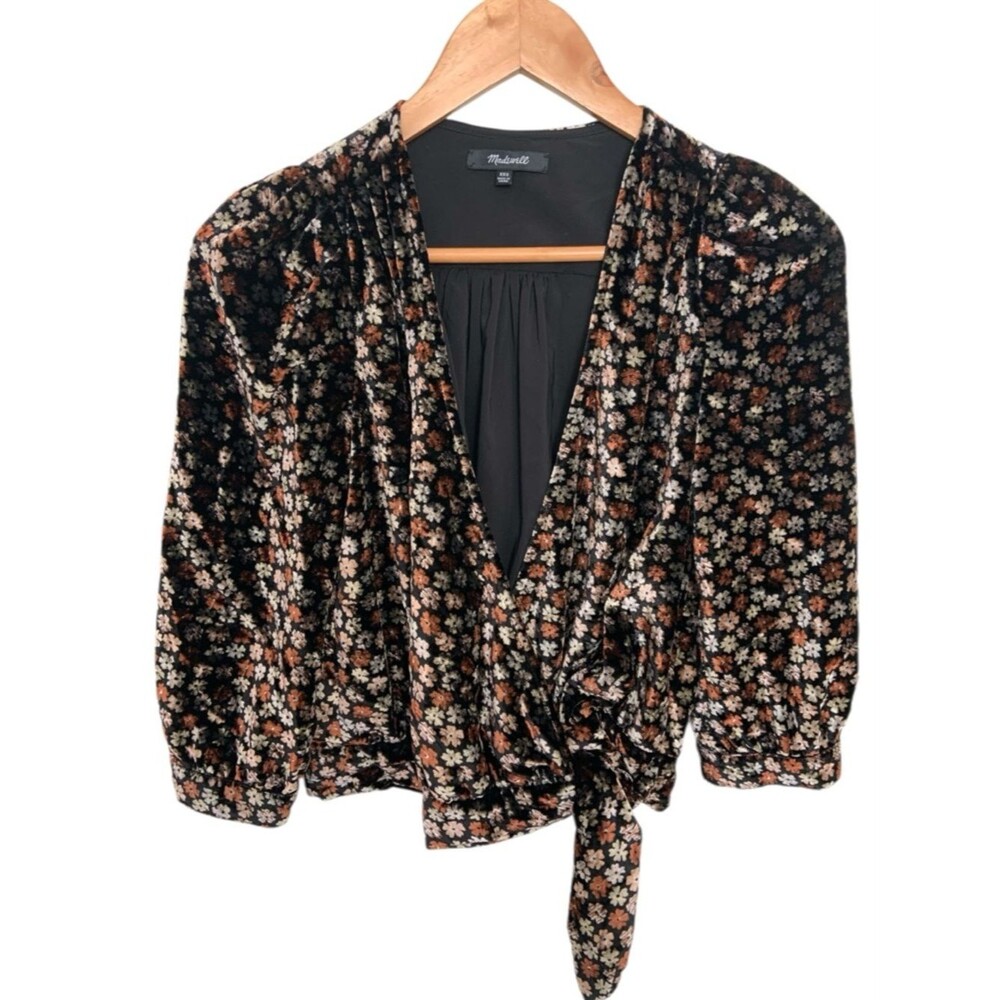 Madewell Dark Ditsy Floral Boho Velvet Deep V Neck Wrap Top Puff Sleeve XXS